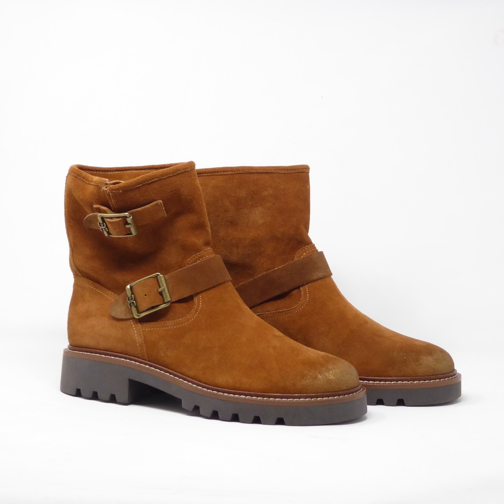 NEW Sam Edelman Kinsley Women Boots Brown Suede Buckle Moto Ankle Lug Sole 9